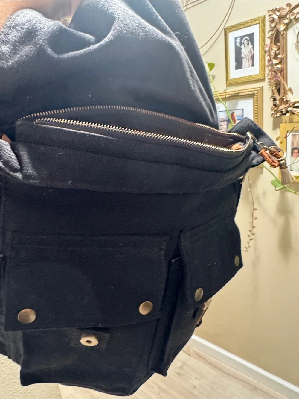 Sechunk Black Canvas cross body Messenger Bag with Tan Suede should Strap